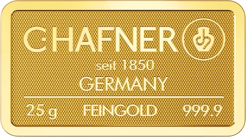 Goldbarren mit der Aufschrift C-Hafner seit 1850 Germany 25g Feingold 999.9 - zum anonymen Goldkauf